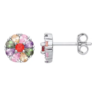 Jewelco London Ladies Sterling Silver Garnet Lilac Green Pear CZ Petal Flower Cloral Cluster Stu