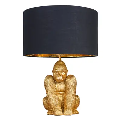 Modern Gold Sitting Gorilla Design Table Lamp with a Black/Gold Drum Shade Complete with 4w LED 