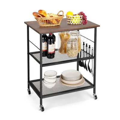 Rolling Kitchen Trolley Serving Cart with Tier Mesh Shelves &5 Hooks