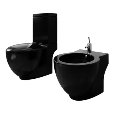 vidaXL Stand Toilet & Bidet Set Black Ceramic Bathroom WC Furniture Fixture