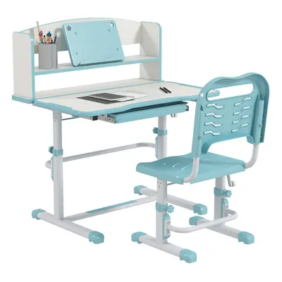 ZONEKIZ Height Adjustable Kids Desk and Chair Set, with Drawer, Bookshelf, Blue