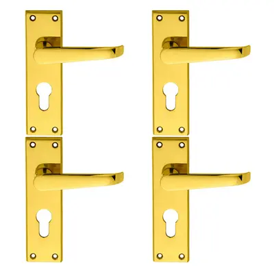 4x PAIR Straight Victorian Lever on Euro Lock Backplate x 43mm Brass