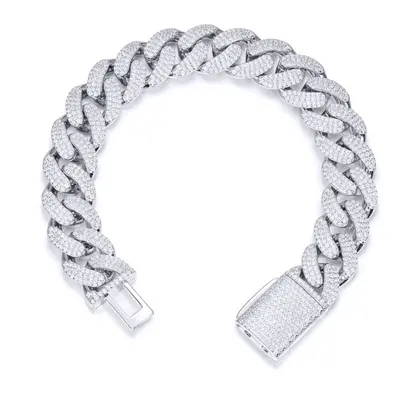 Jewelco London Men's Rhodium Silver Round CZ Encrusted Cuban Curb 14mm Chain Bracelet 2Â½oz - AB