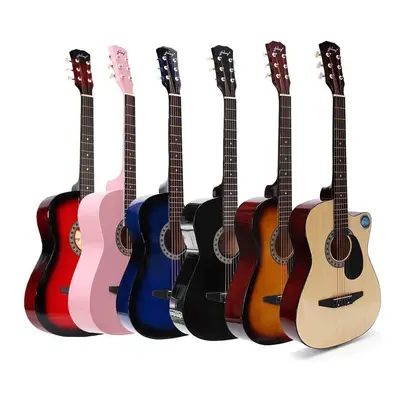 (Red) Inch Wooden Angled Acoustic Guitar Color Folk Guitar with Storage Bag Gift for Beginner