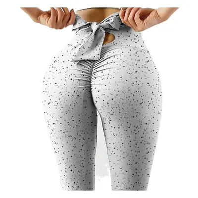 (Silver, M) Wave Point Bow Yoga Pants for Women Push Up Workout Sport Fitness High Waist Squat P