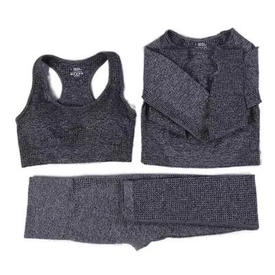 (Dark Grey, 3Pcs Set) Women Seamless Yoga Set Gym SportWear Running Outwork Fitness Long SLeeve 