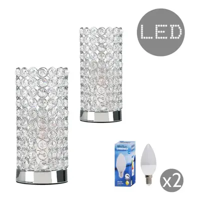 Pair of - Modern Polished Chrome & Clear K9 Crystal Jewel Cylinder Touch Table Lamps - Complete 