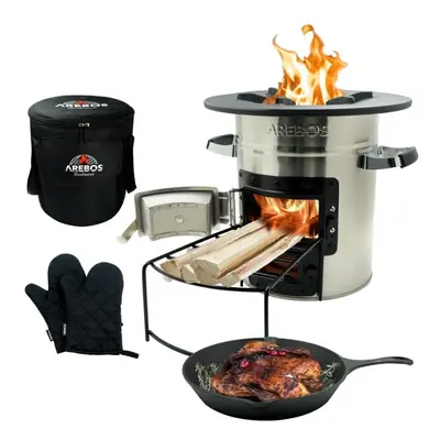 AREBOS Rocket Stove incl. Cast Iron Grill Pan with Carrying Bag & Gloves |Dutch Oven BBQ | Porta