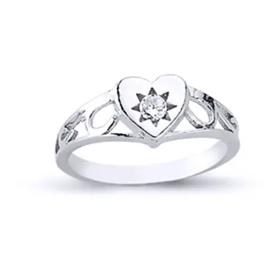 (D) Jewelco London Girls Rhodium Plated Sterling Silver Cubic Zirconia Solitaire Love Heart Sign