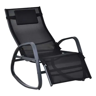 Outsunny Patio Adjust Lounge Chair Rocker Outdoor w/ Pillow, Footrest- Black