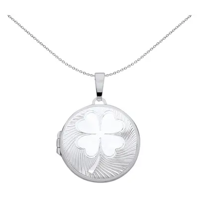 Jewelco London Ladies Rhodium Plated Sterling Silver Fluted Leaf Clover Round Locket Pendant Nec