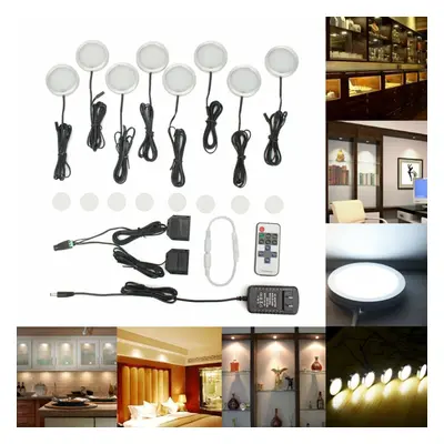 8PCS LED Cabinet Light White Dimmable Kitchen Counter Under Puck RF Wireless Remote Control + Po