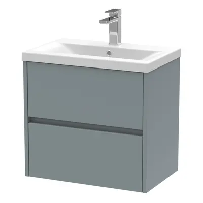 Square Wall Hung Drawer Vanity Unit & Ceramic Basin, 600mm - Matt Coastal Grey