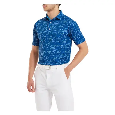 (M, Deep Blue) FootJoy Mens Doodle Print Four Way Stretch Golf Course Polo Shirt