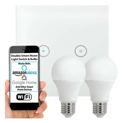 WiFi Light Switch & Bulb 2x 10W E27 Cool White Lamp & Double Wireless Wall Plate