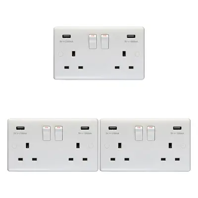 3 PACK Gang Double UK Plug Socket & 2.1A USB-A Charger WHITE 13A Switched