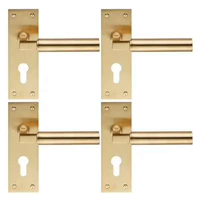 4x PAIR Round Bar Handle on Slim Euro Lock Backplate x 50mm Satin Brass