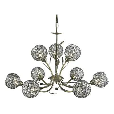 9 LIGHT CEILING PENDANT ANTIQUE BRASS WITH CLEAR GLASS DECO SHADES