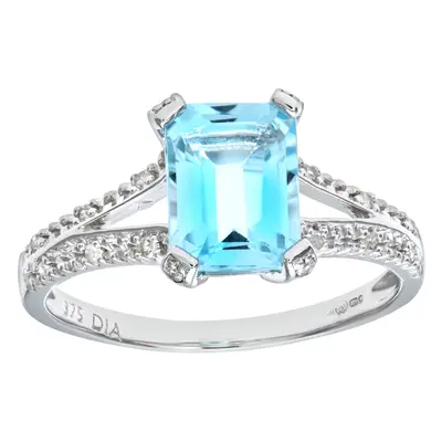 (K) Jewelco London 9ct White Gold Emerald Cut Blue Topaz Ring With Diamond Shoulders