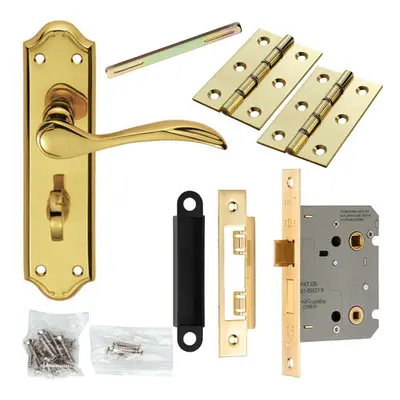 Door Handle & Bathroom Lock Pack Brass Victorian Curved Thumbturn Backplate