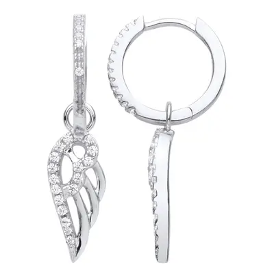 Jewelco London Ladies Rhodium Plated Sterling Silver CZ Angel Wings Huggie Hoop Drop Earrings - 