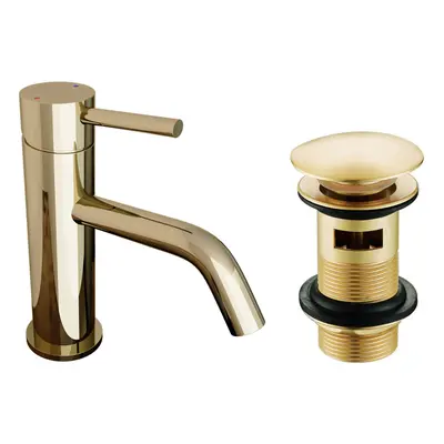 Nes Home Deck Mounted Gloss Round Single Lever Basin Mono Mixer Tap Gold + Slotted Brushed Brass