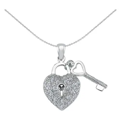 Jewelco London Ladies Rhodium Plated Sterling Silver Cubic Zirconia Key & Love Heart Padlock Cha