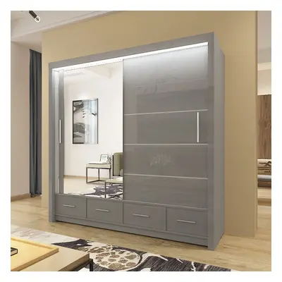 (207cm, Grey) High Gloss Sliding Mirror Door Sycylia Wardrobe