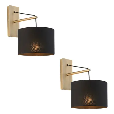 2 PACK Matt Brass Wall Light & Black Cotton Fabric Shade - Hanging Wall Fitting