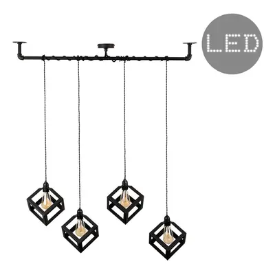 Satin Black Way Pipework Bar Wrap Over Ceiling Light with Puzzle Cube Design Black Metal Shades 