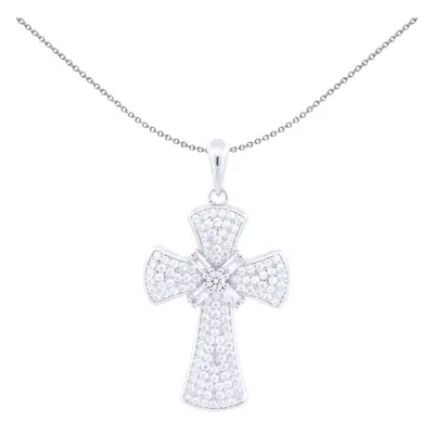 Jewelco London Unisex Rhodium Silver White Baguette CZ Encrusted Byzantine Cross Pendant - APX05