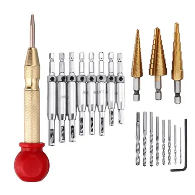 21Pcs Self-Centering Hinge Tapper Core Drill Bit Step Set with Automatic Center Punch for Adjust