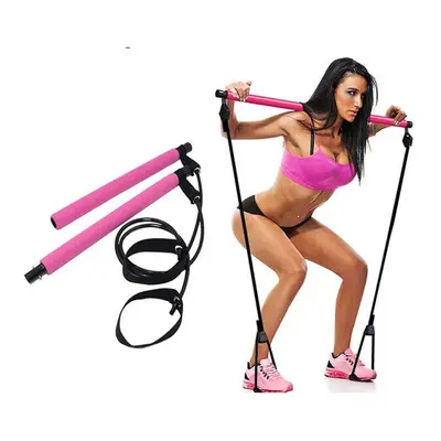 (Pink) Fitness Sport Pilate Bar Kit Gym Exercise Workout Stick with Resistance Band Body Buildin