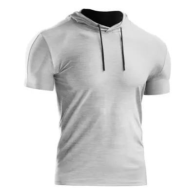 (Grey, 2XL) Men Summer Sports T-Shirt Hooded Short Sleeve Drawstring Quick-Dry Breathable