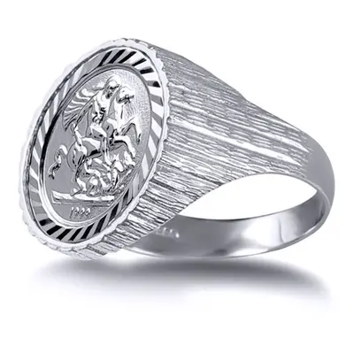 (S) Jewelco London Men's Solid Sterling Silver Ribbed Barked St George & Dragon Medallion Ring (