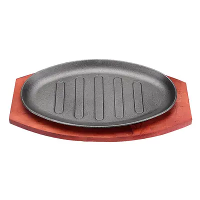 (12 Inch) Sizes Cast Iron Steak Fajita Sizzling Platter Plate BBQ Grill Pan Cooking Wooden Holde