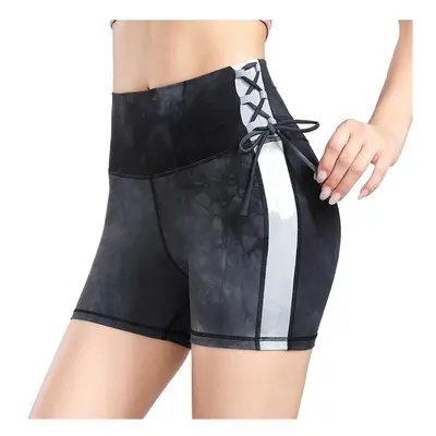 (Black, XL) Women High Waist Stretchy Compression Tie Dye Booty Yoga Shorts