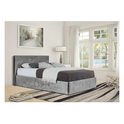 (4ft6 Double, Silver) Theodore Crushed Velvet Ottoman Storage Bed with Tanya Mattress