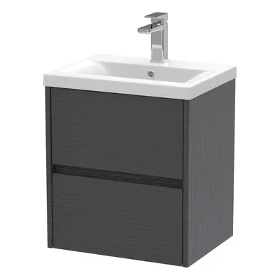 Square Wall Hung Drawer Vanity Unit & Ceramic Basin, 500mm - Woodgrain Graphite Grey