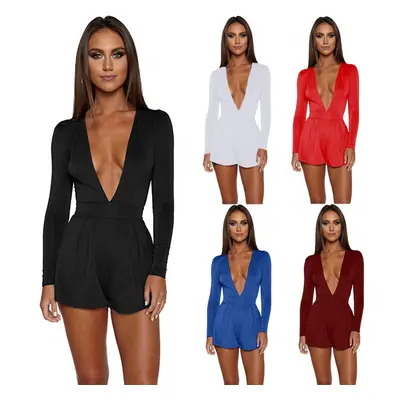 (Black, M) Sexy Women Jumpsuit Solid Color Plunge V Neck Long Sleeve Casual Slim Short