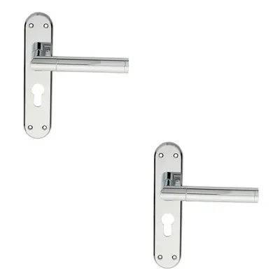 2x Round Bar Lever on Euro Lock Backplate Door Handle x 40mm Polished Chrome