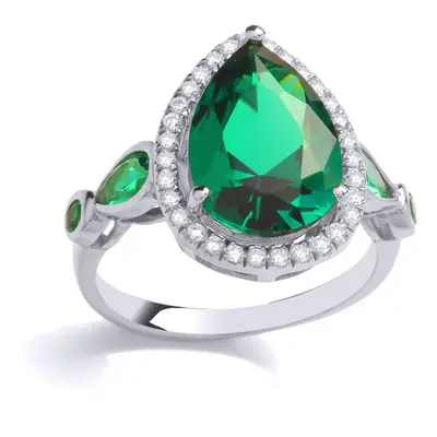 (K) Jewelco London Sterling Silver CZ & Created Emerald Pear Drop Ring Cocktail Ring - GVR889