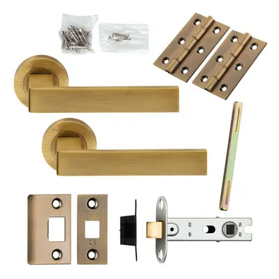 Door Handle & Latch Pack Antique Brass Square Lever Screwless Round Rose