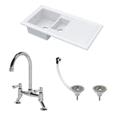 Fireclay Kitchen Bundle - 1.5 Bowl Sink & Drainer, Waste & Bridge Lever Tap, 1010mm - Chrome