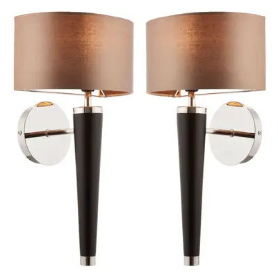 2 PACK Dimmable LED Wall Light Walnut & Silver Effect Shade Wooden Lamp Fitting