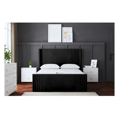 (Double , Black) Elara Winged Paneled Upholstered Bed with Ottoman