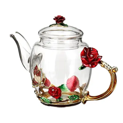 (Red) 7Pcs Tea Set Wedding Enamel Glass Flower Heat Resistant Coffee Pot Cups Party