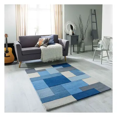 (Blue, x cm) Modern Geometric Checkered Multi Coloured Rugs 100% Wool Hand Made Eco Friendly Sma