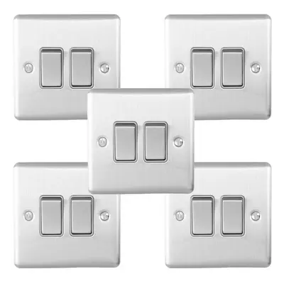 5 PACK Gang Double Metal Light Switch SATIN STEEL Way 10A Grey Trim