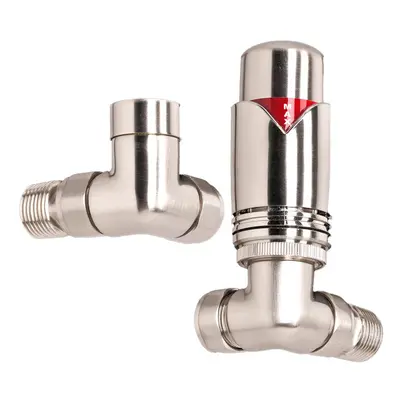 (Brushed Nickel) WarmeHaus Thermostatic TRV Brass Radiator Valves Lockshield Angled 1/2" x 15mm